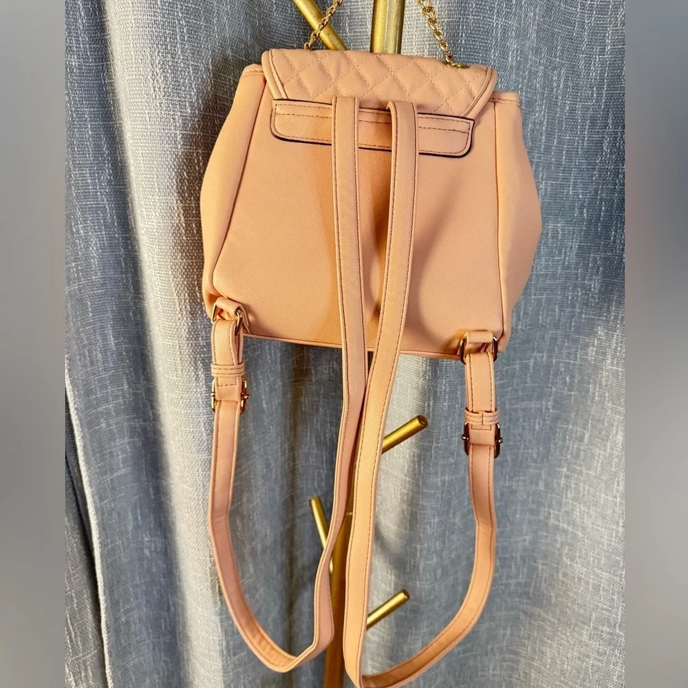 Blush Pink Square Quilted Convertible Backpack Purse with gold hardware